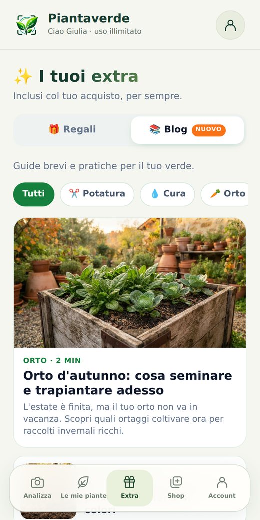 La sezione Blog nell'app Piantaverde: le guide divise per tema